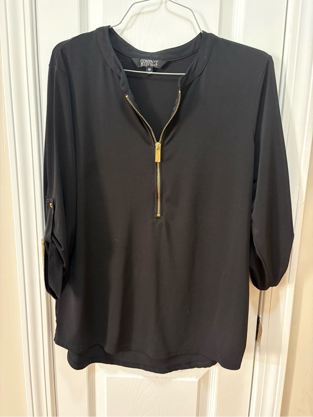 Ellen Tracy Black Blouse with Gold Zip Detail